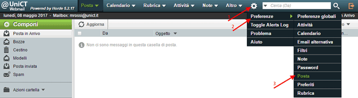 Click su PREFERENZE -> Posta